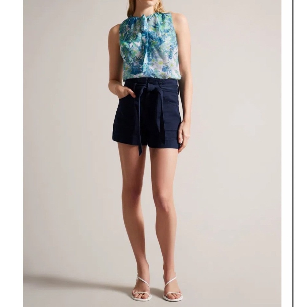 Ted Baker London‎ Danikii High Waisted Denim Shorts Navy Blue Tie Waist Size 32